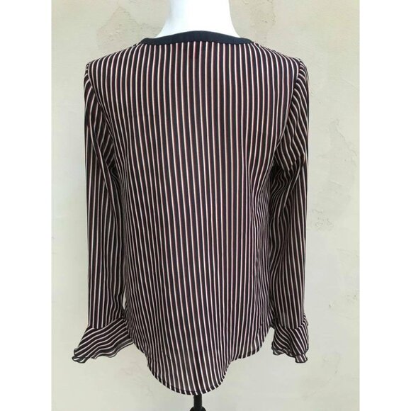 MODCLOTH Chiffon Blouse Size Medium Navy Blue Red Stripe Ruffle Trumpet Sleeves - Picture 5 of 7